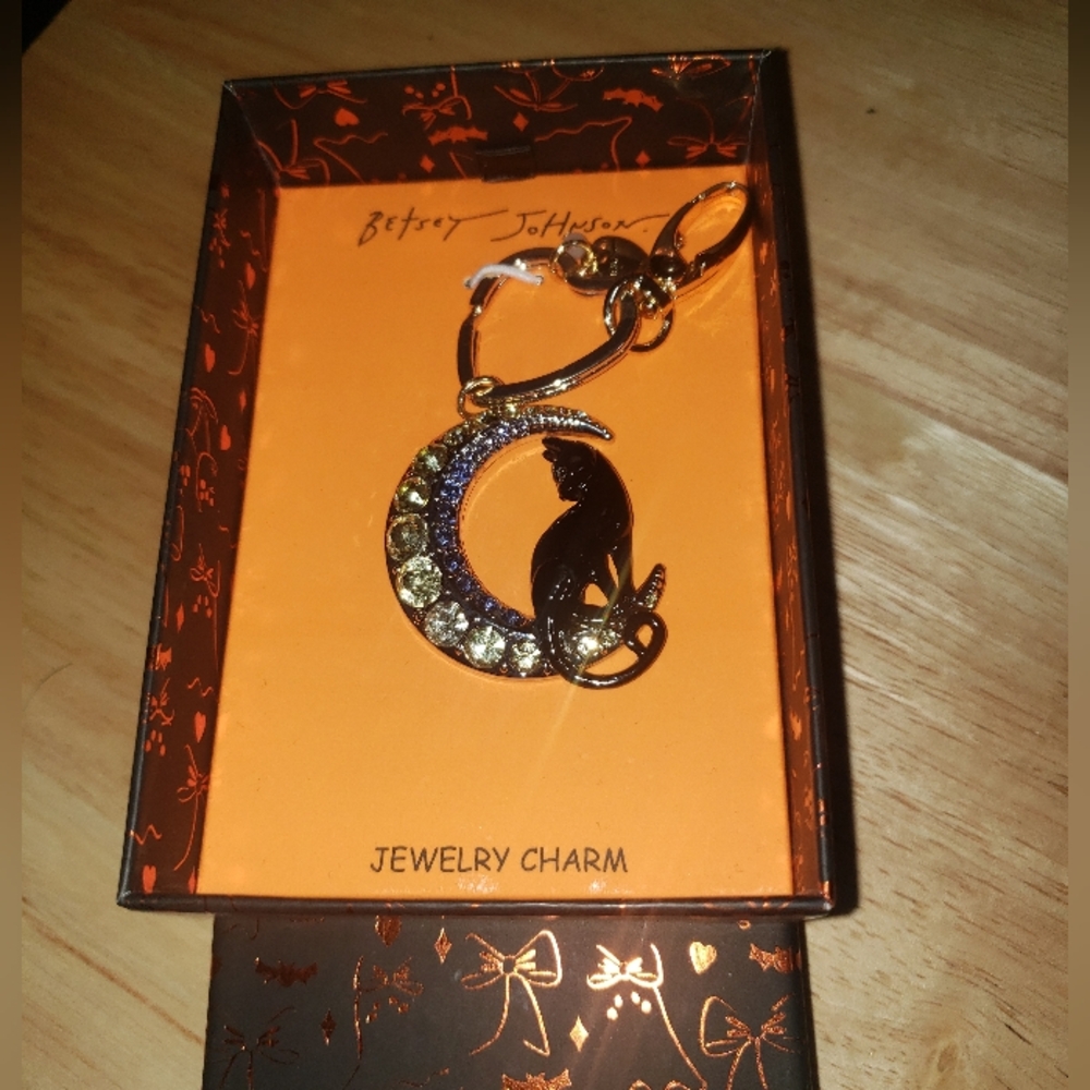 Betsey Johnson Silver & Blue Crystal Silver Moon Black Cat Jewelry/Bag Charm NIB